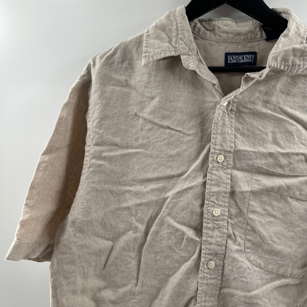 Lands’ End 100% Irish Linen Beige Short Sleeve Button-Up Size Medium Regular - Picture 2 of 8